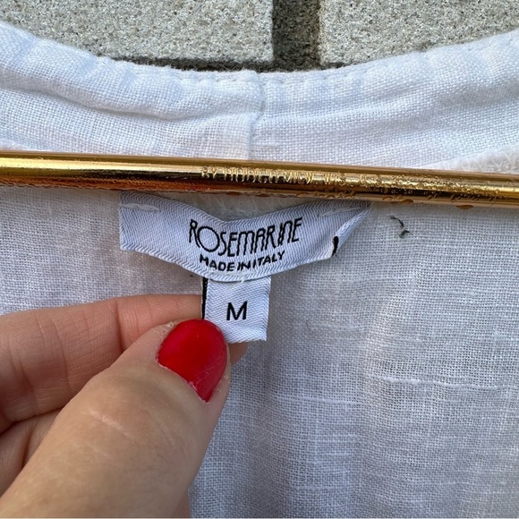 Rosemarine White Linen Roll Tab Sleeve Two Button V-Neck Shirt Blouse - Picture 5 of 11